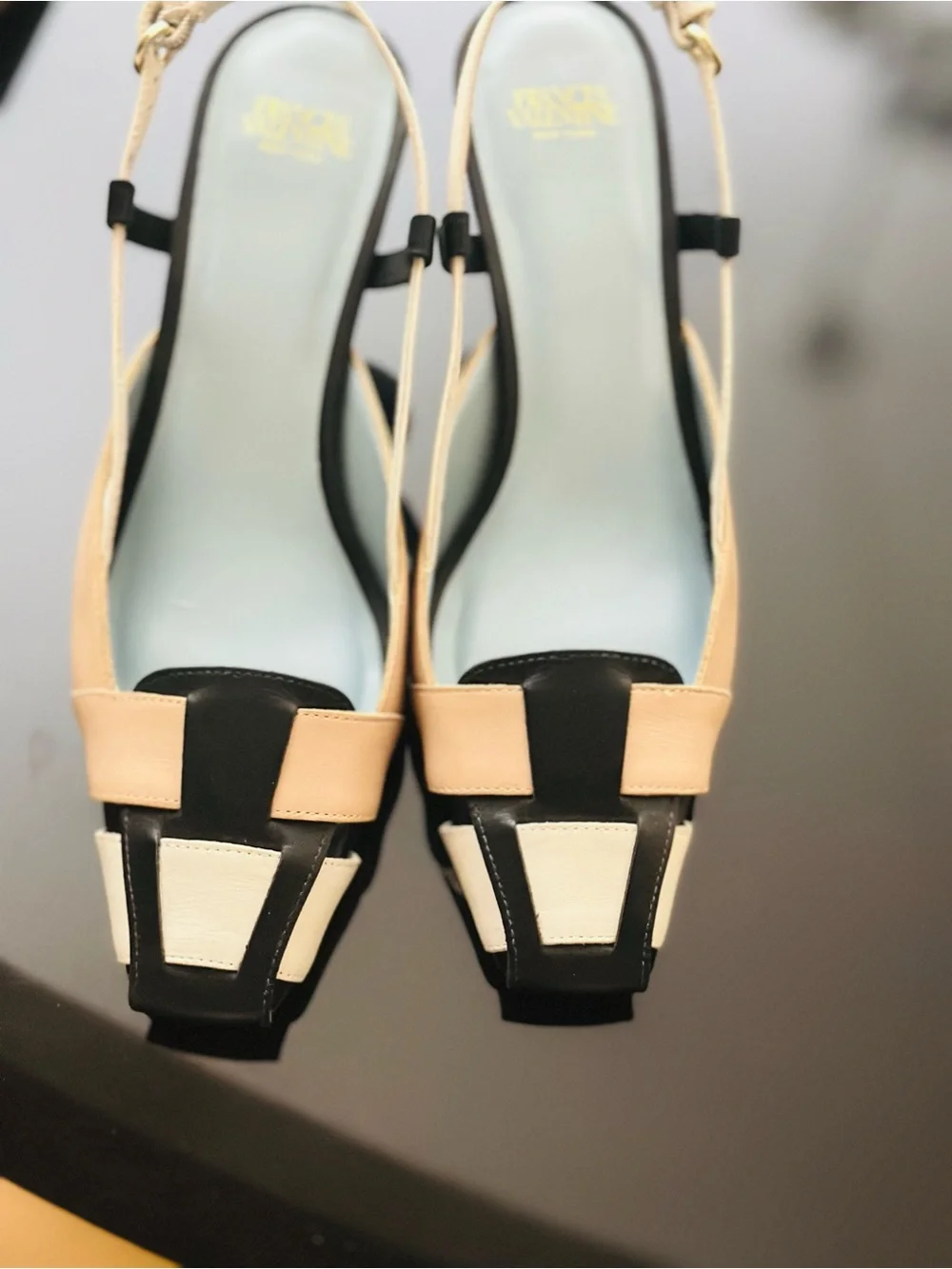 Frances Valentine Tri-Color Slingback Pumps in Beige, Black & White - Picture 7 of 8